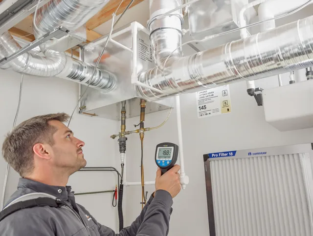 Portsmouth Air Duct Cleaning expert conducting detailed filter system inspection using diagnostic tools in Portsmouth
